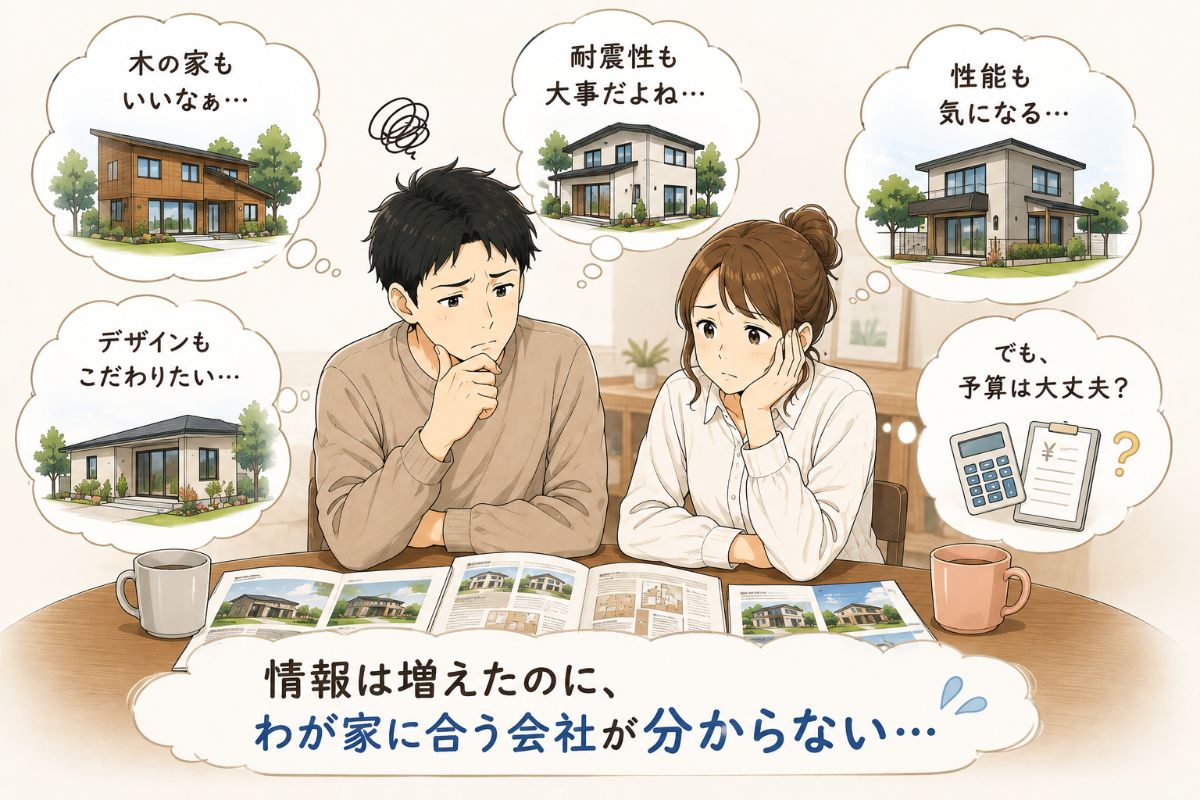木の家や耐震性、住宅性能、予算など多くの情報を前に住宅会社選びで迷うご夫婦