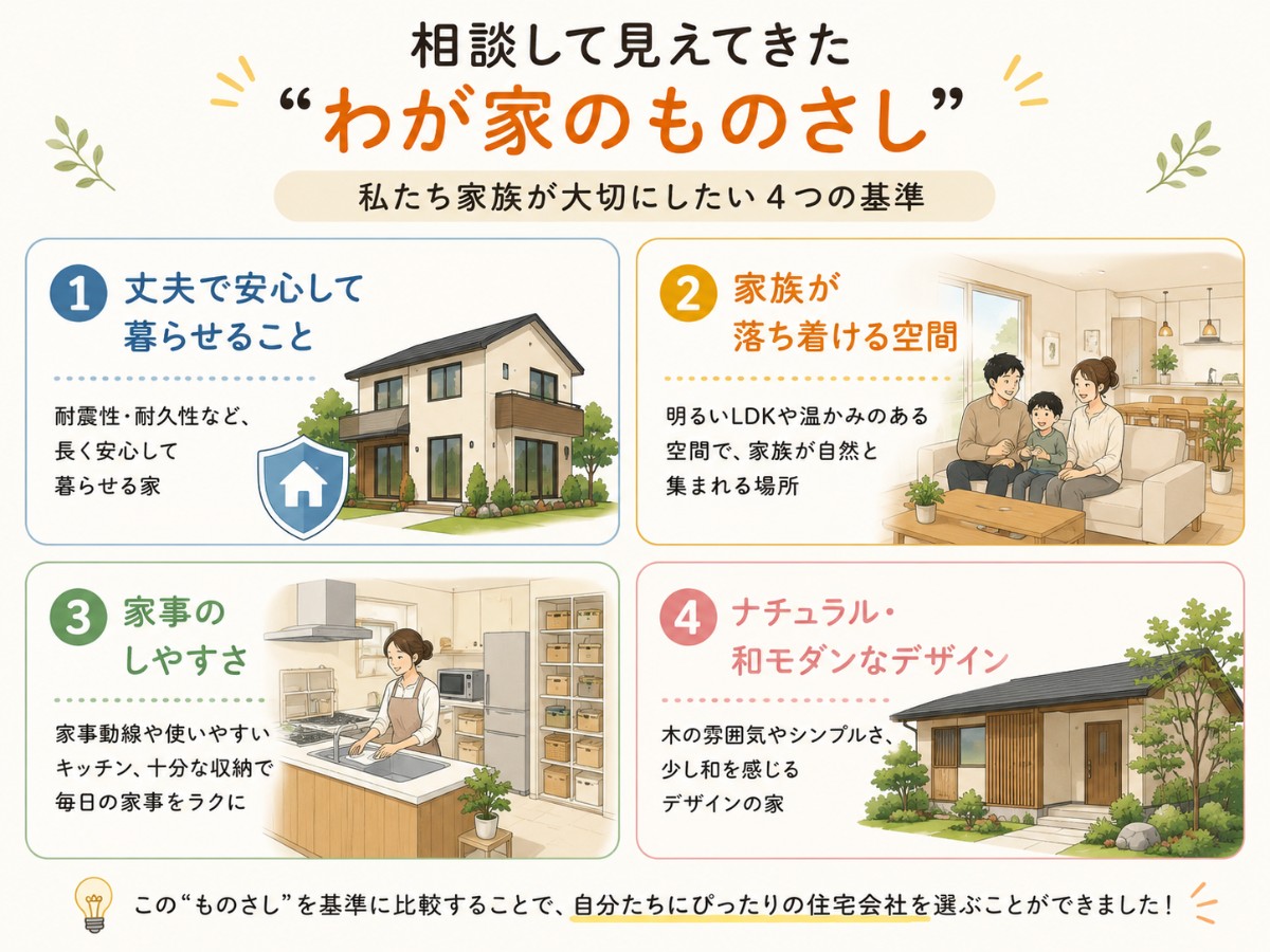 住宅会社選びで大切にした丈夫さ、家族が落ち着ける空間、家事のしやすさ、ナチュラル和モダンの4つの基準