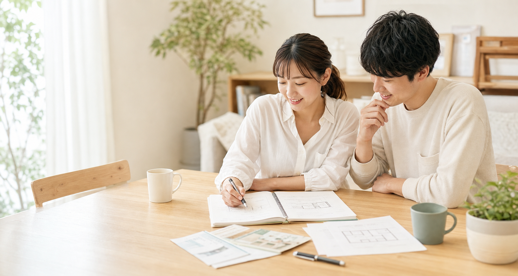 若い夫婦が家づくりノートを見ながら住宅会社選びについて相談している様子