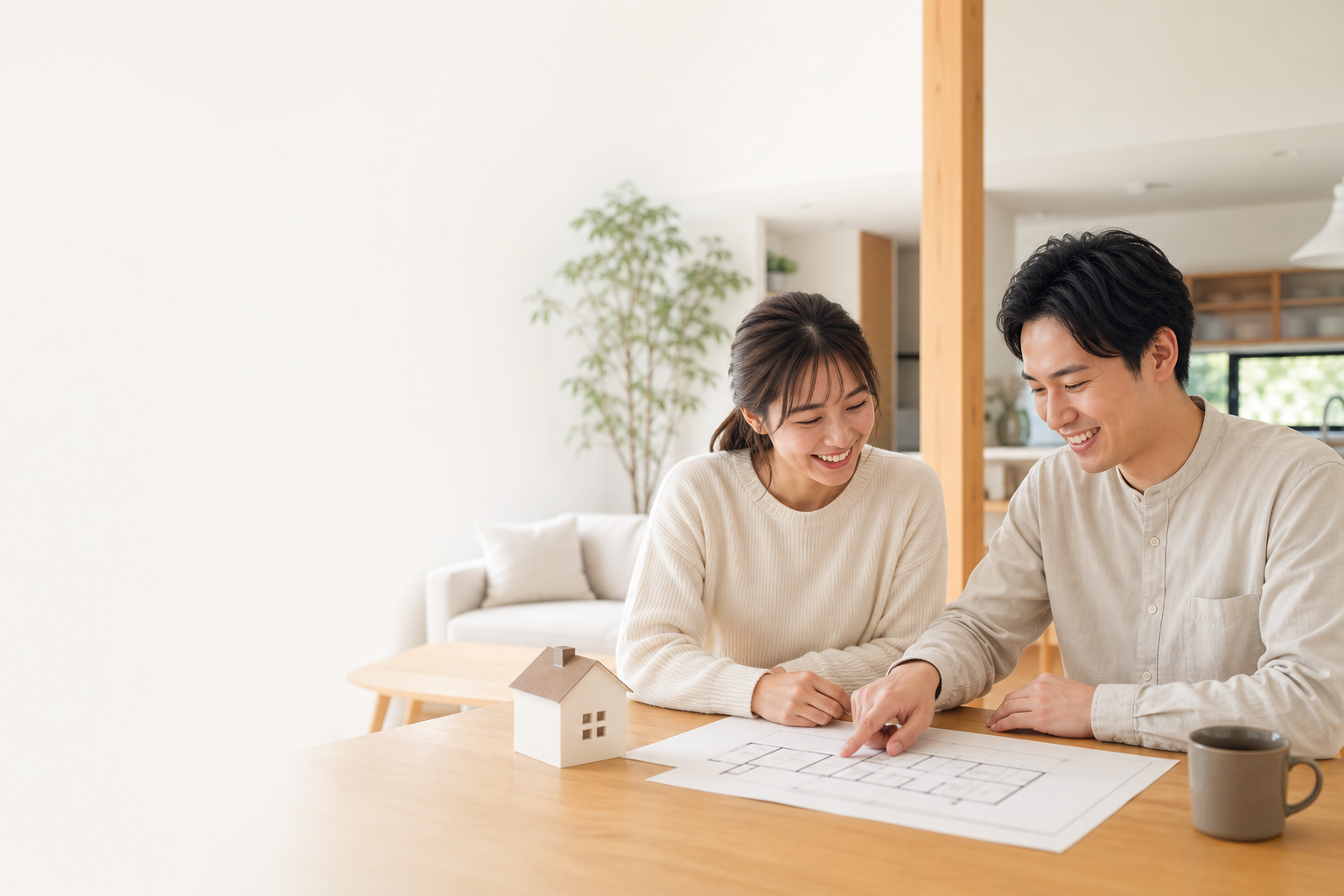 間取り図を見ながら家づくりを相談する笑顔の夫婦