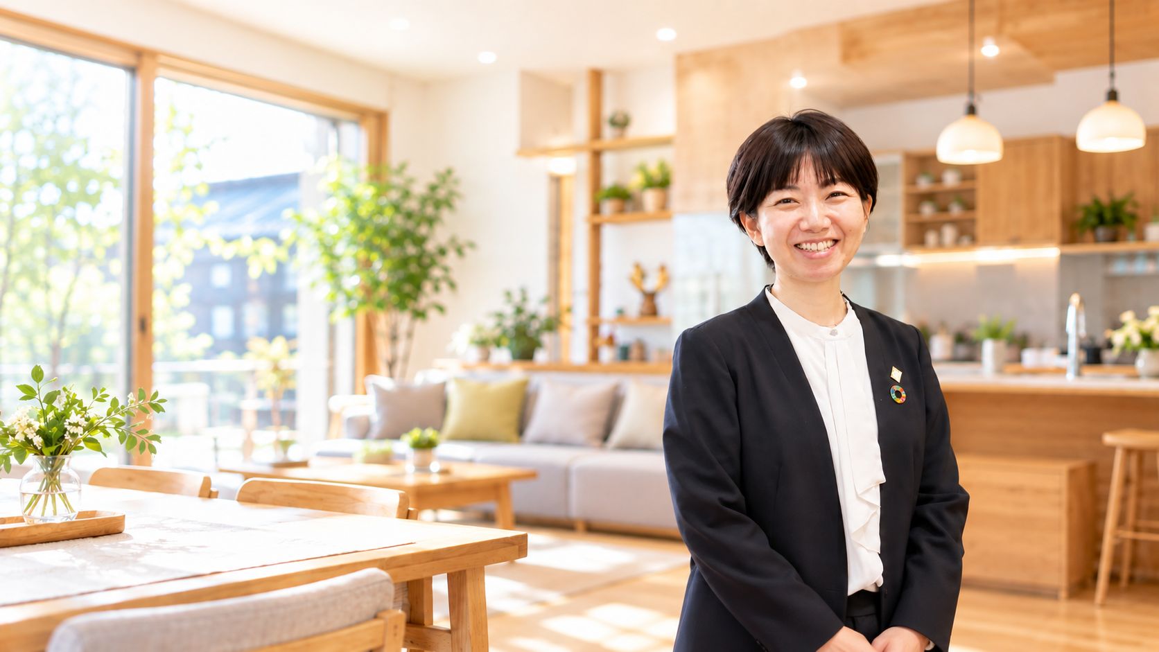 陽光あふれる明るい住まいで笑顔を見せる女性スタッフ